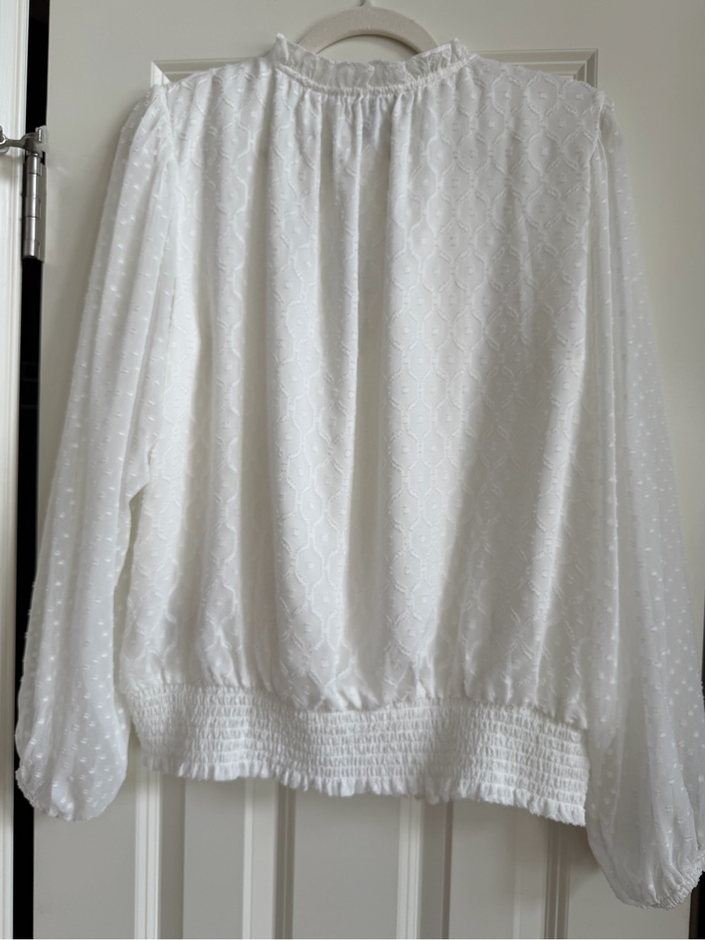 NWT White House Black Market Ecru Clip Dot Smocked Blouse Size L Peasant Ruffle - Picture 2 of 14